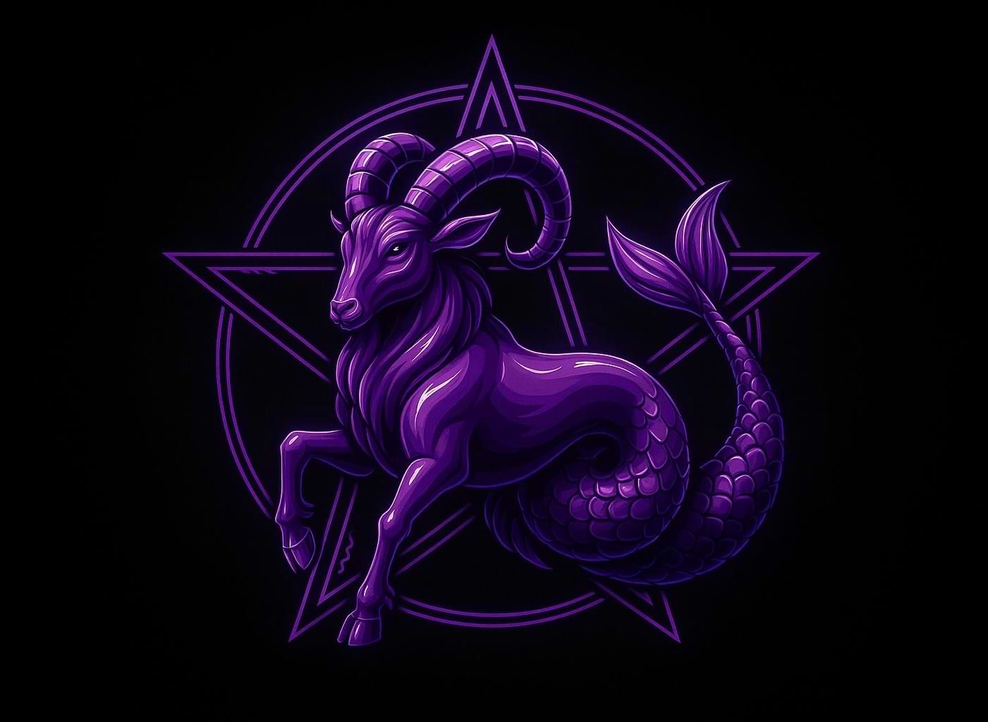 Purple Capricorn zodiac sea-goat with curled horns and a fish tail in front of a glowing pentagram on black background